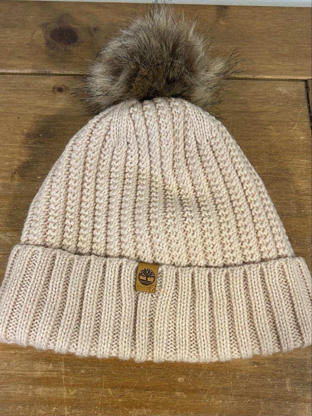 Timberland Thick Tan Pom Pom Winter Hat Womens Fleece Lining Warm Fashionable